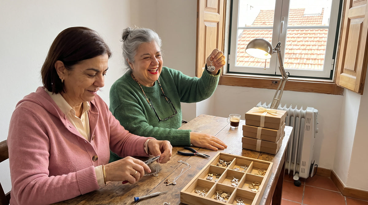 Helena e Fernanda a fazer joias na bancada de casa